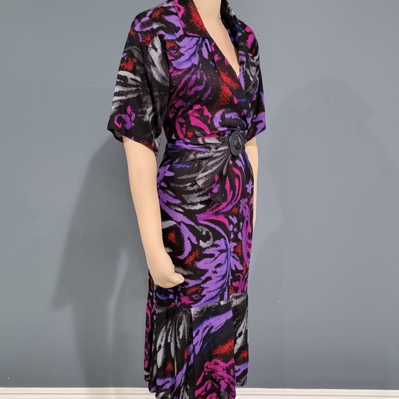 Vintage 80s PEA PATCH NY Purple Pink Sheath Pleated Hem Midi Dress XS/S - Picture 5 of 7